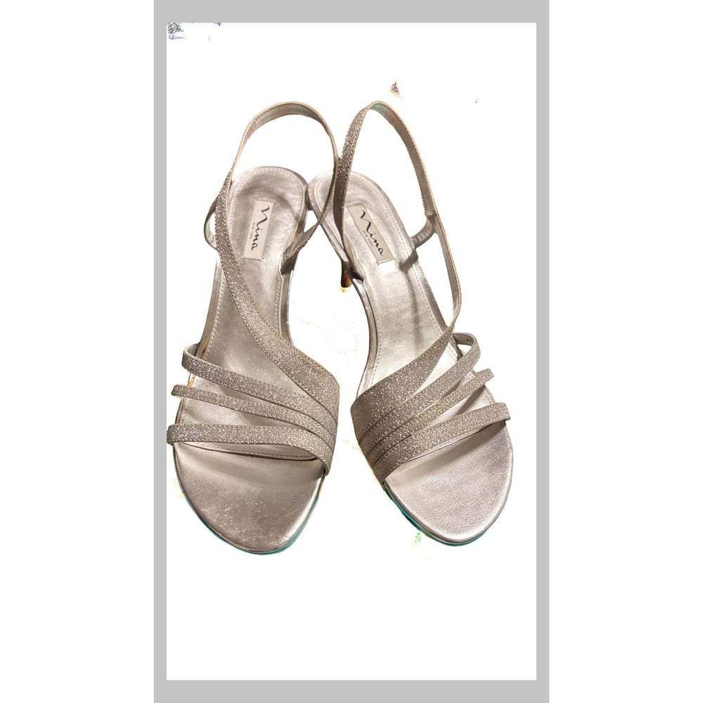 Nina New York Silver Glitter Strappy Kitten Heel Slingback Sandals Womens 11W